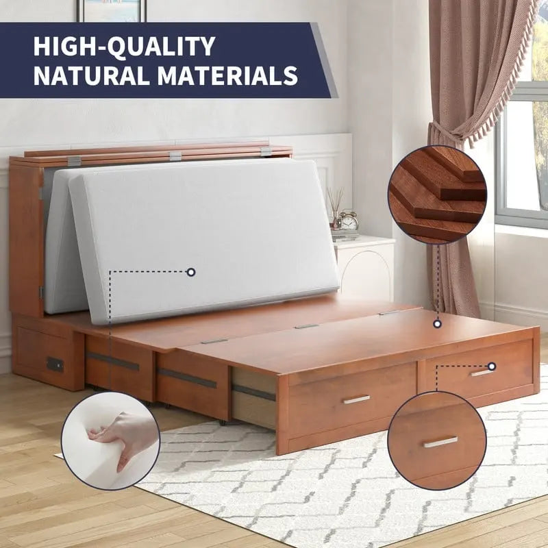 Lit escamotable Armoire-lit Murphy gris foncé / blanc / cerisier avec matelas, tiroir de rangement et station de recharge – Grand lit, 1 personne