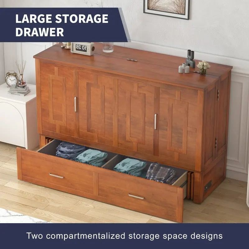 Lit escamotable Armoire-lit Murphy gris foncé / blanc / cerisier avec matelas, tiroir de rangement et station de recharge – Grand lit, 1 personne