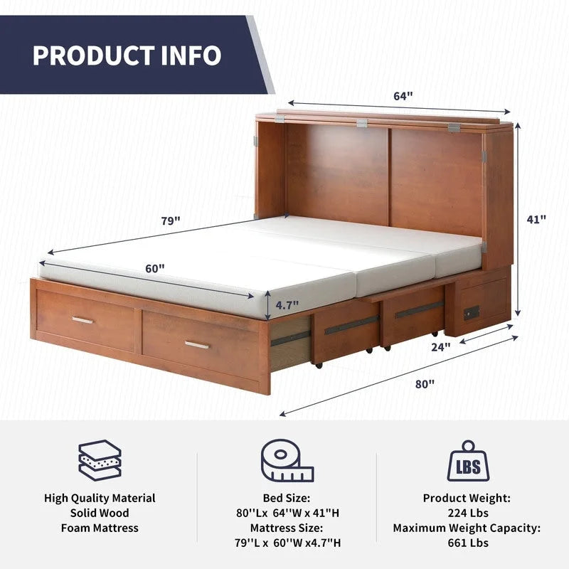 Lit escamotable Armoire-lit Murphy gris foncé / blanc / cerisier avec matelas, tiroir de rangement et station de recharge – Grand lit, 1 personne