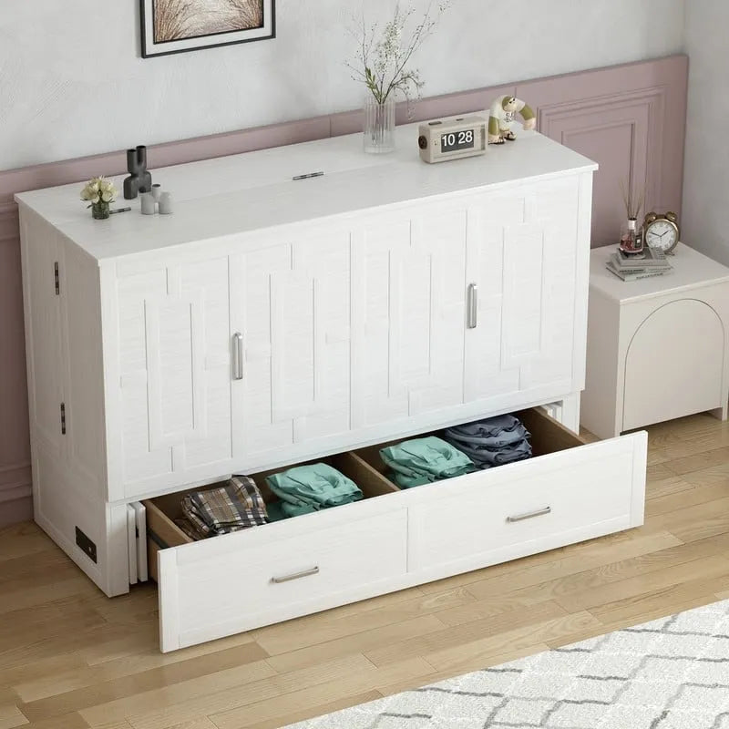 Lit escamotable Armoire-lit Murphy gris foncé / blanc / cerisier avec matelas, tiroir de rangement et station de recharge – Grand lit, 1 personne