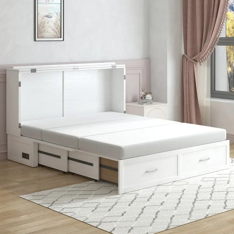 Lit escamotable Armoire-lit Murphy gris foncé / blanc / cerisier avec matelas, tiroir de rangement et station de recharge – Grand lit, 1 personne