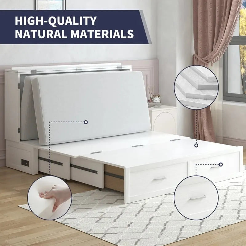 Lit escamotable Armoire-lit Murphy gris foncé / blanc / cerisier avec matelas, tiroir de rangement et station de recharge – Grand lit, 1 personne