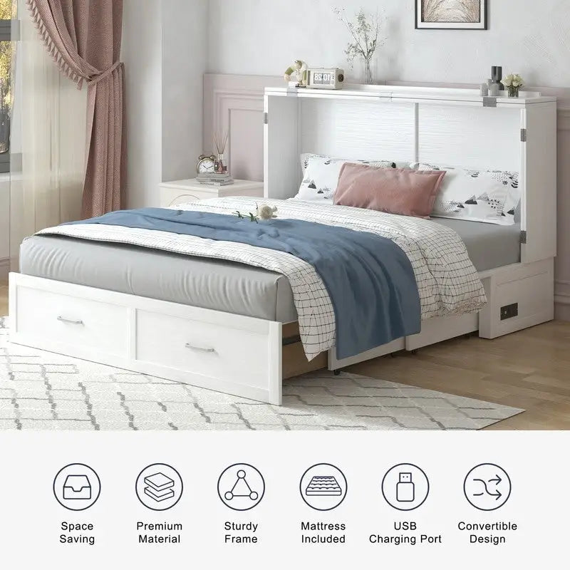 Lit escamotable Armoire-lit Murphy gris foncé / blanc / cerisier avec matelas, tiroir de rangement et station de recharge – Grand lit, 1 personne
