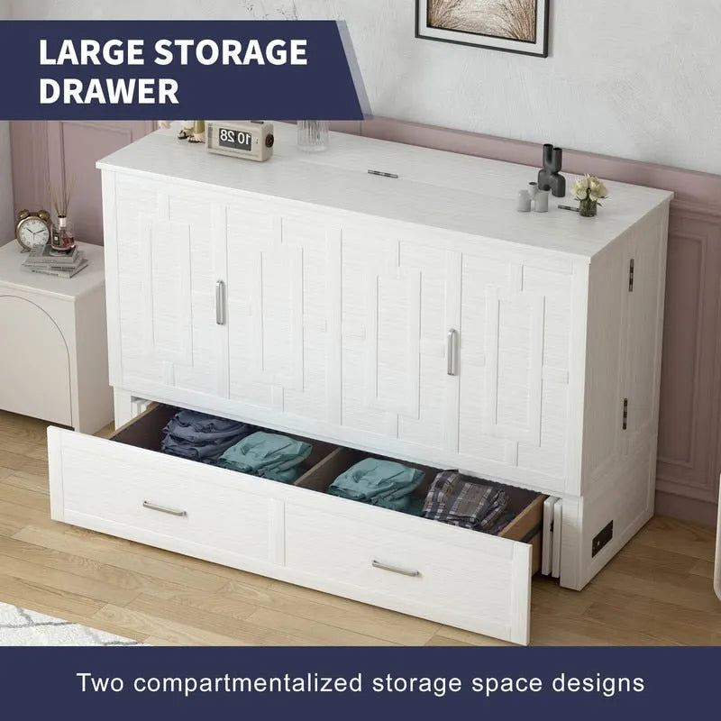 Lit escamotable Armoire-lit Murphy gris foncé / blanc / cerisier avec matelas, tiroir de rangement et station de recharge – Grand lit, 1 personne