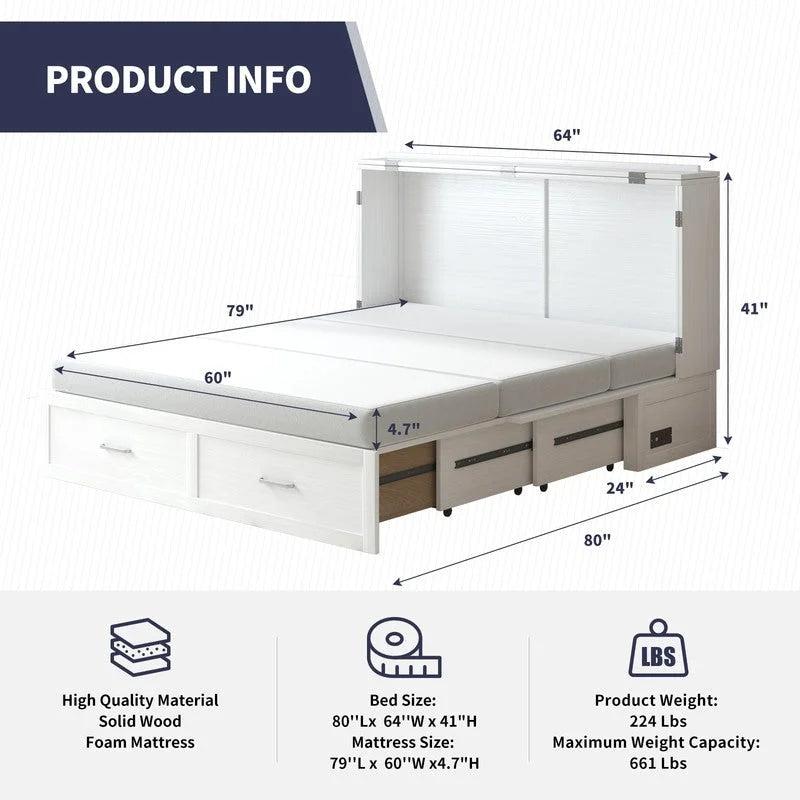 Lit escamotable Armoire-lit Murphy gris foncé / blanc / cerisier avec matelas, tiroir de rangement et station de recharge – Grand lit, 1 personne