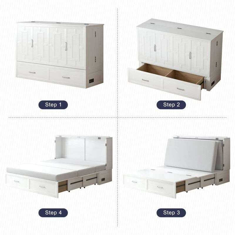 Lit escamotable Armoire-lit Murphy gris foncé / blanc / cerisier avec matelas, tiroir de rangement et station de recharge – Grand lit, 1 personne