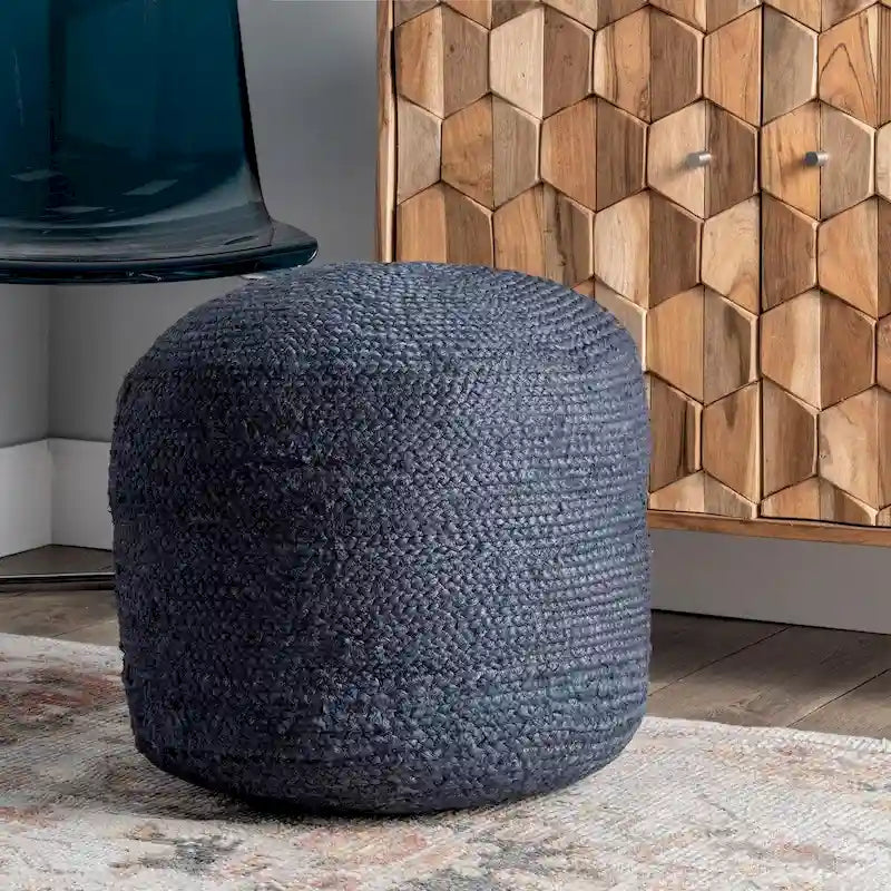Pouf Ottoman en Jute Tressé – Bleu / Vert – Une Place