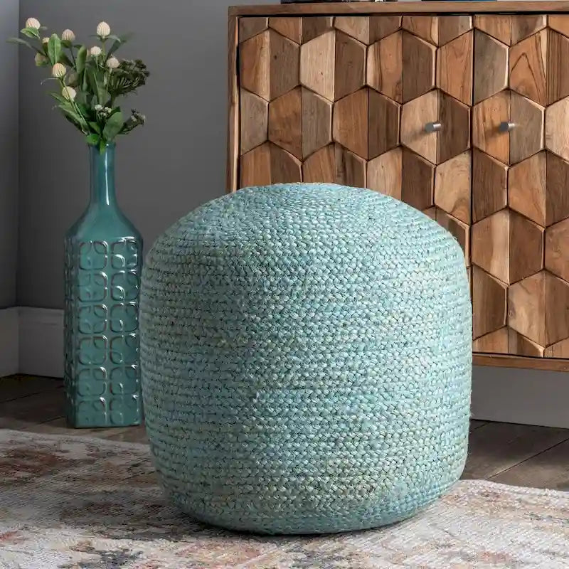 Pouf Ottoman en Jute Tressé – Bleu / Vert – Une Place