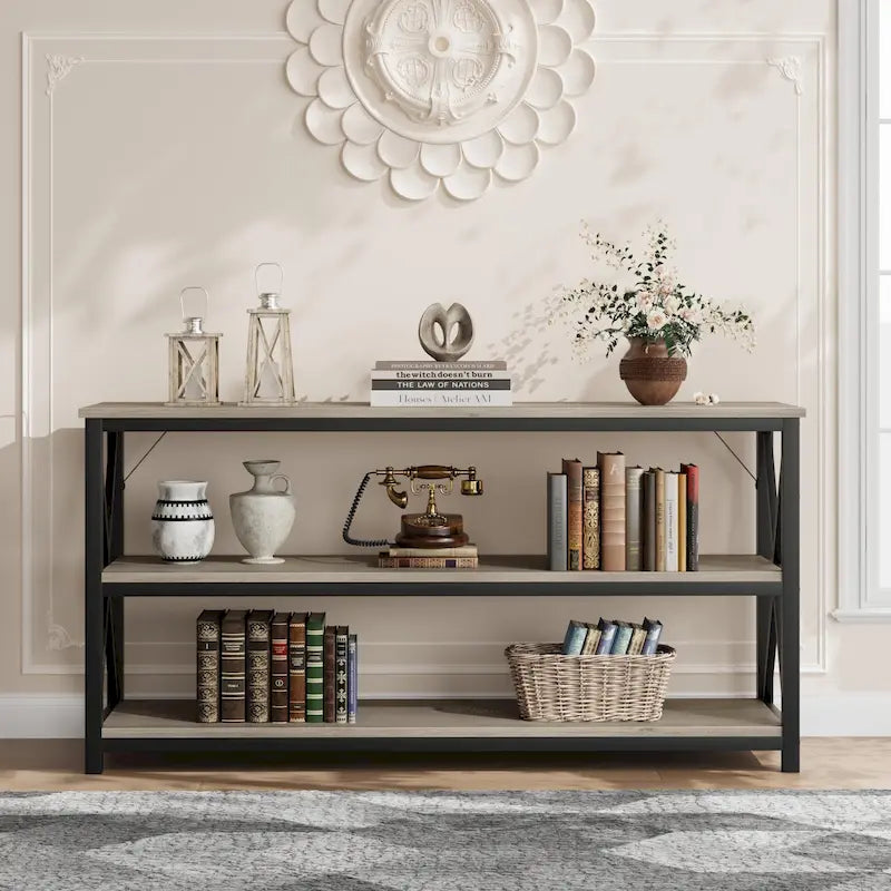 Console industrielle 3 étagères gris/marron, 140 cm