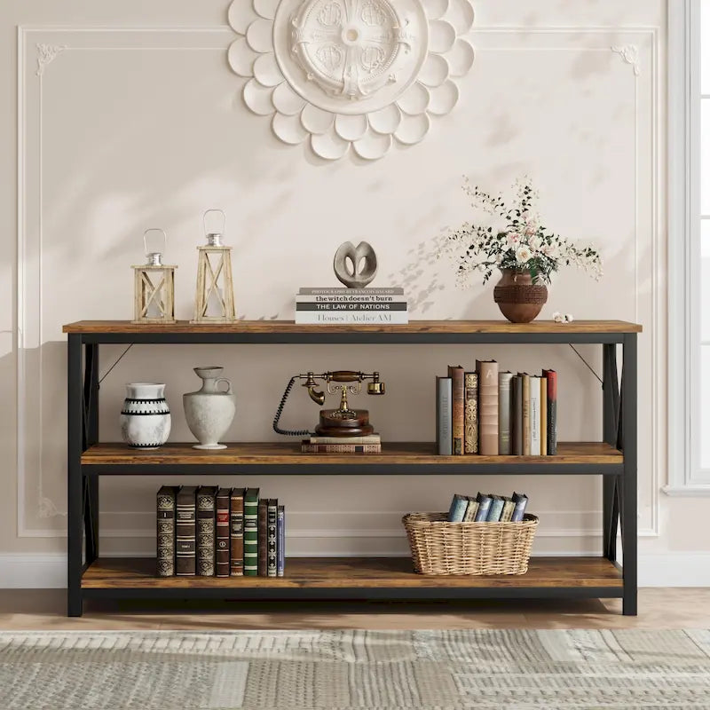 Console industrielle 3 étagères gris/marron, 140 cm