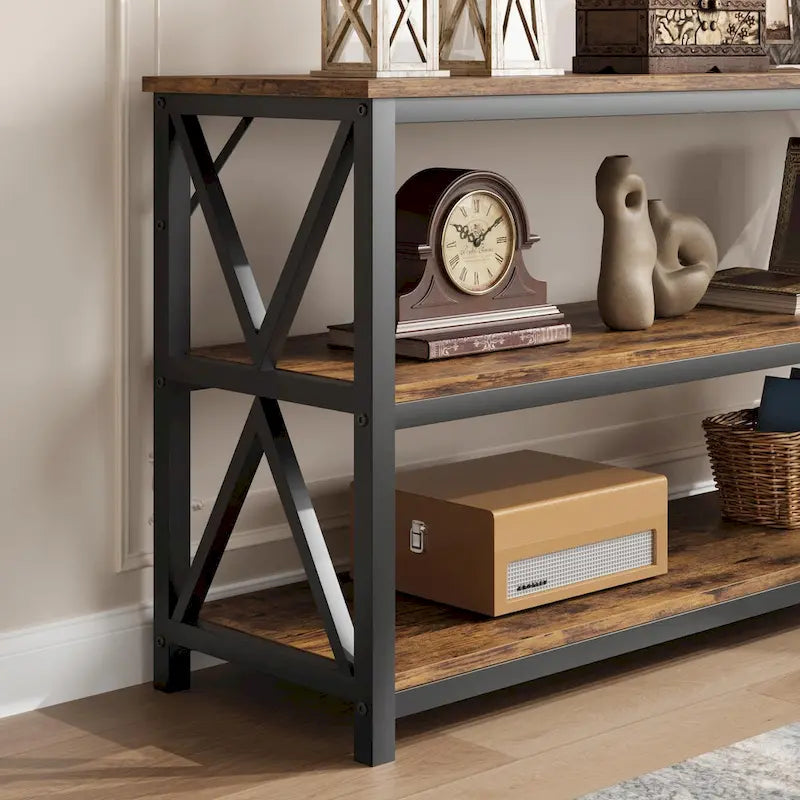 Console industrielle 3 étagères gris/marron, 140 cm