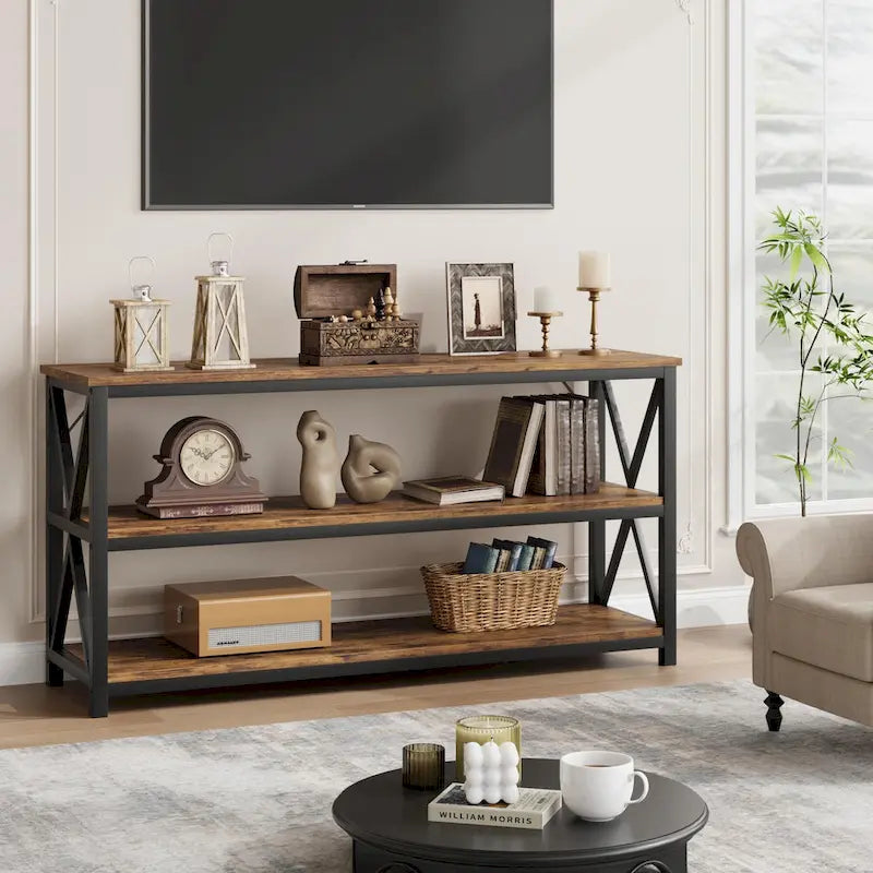 Console industrielle 3 étagères gris/marron, 140 cm