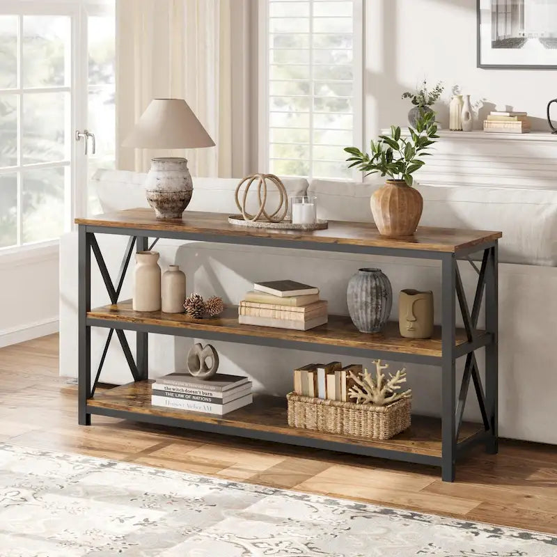 Console industrielle 3 étagères gris/marron, 140 cm