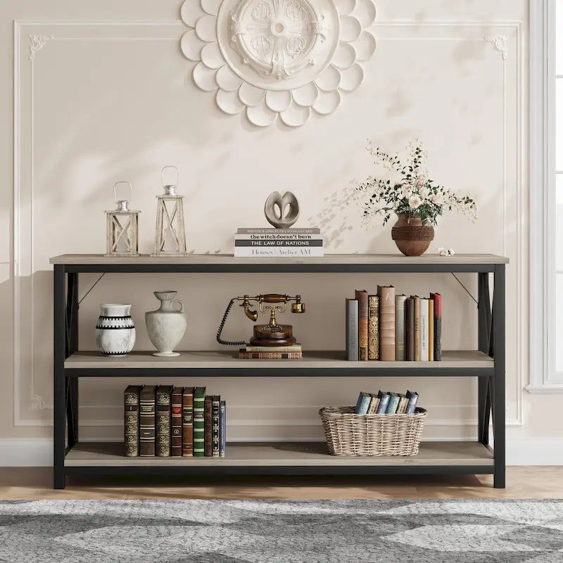 Console industrielle 3 étagères gris/marron, 140 cm