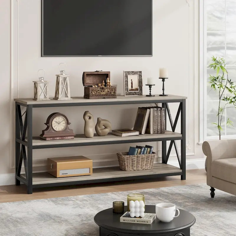Console industrielle 3 étagères gris/marron, 140 cm