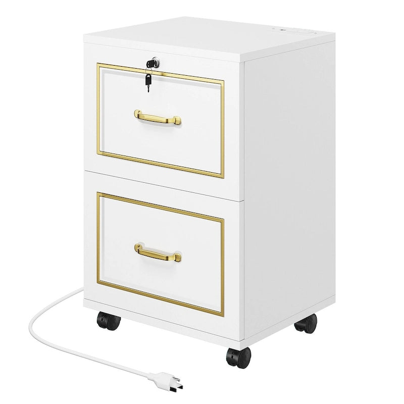 Meuble de rangement mobile blanc à 2 tiroirs avec station de charge, utilisateur unique