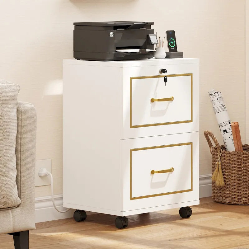 Meuble de rangement mobile blanc à 2 tiroirs avec station de charge, utilisateur unique