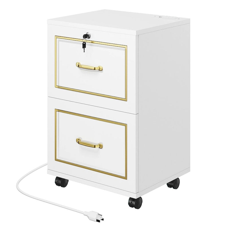 Meuble de rangement mobile blanc à 2 tiroirs avec station de charge, utilisateur unique