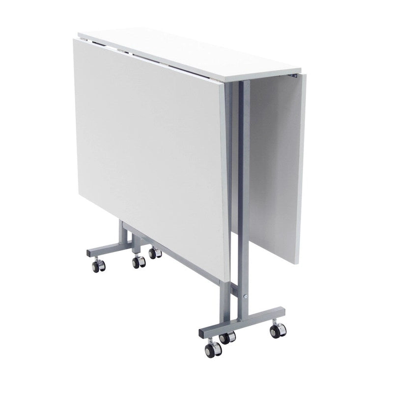Table pliante artisanale et de coupe blanche/argentée à roulettes, 1 personne