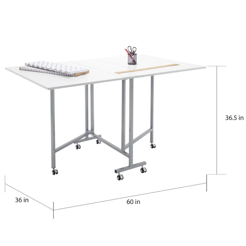Table pliante artisanale et de coupe blanche/argentée à roulettes, 1 personne