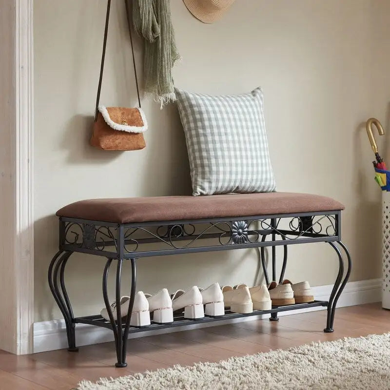 Banc à chaussures marron rembourré avec étagère de rangement – 1 personne, Taille moyenne