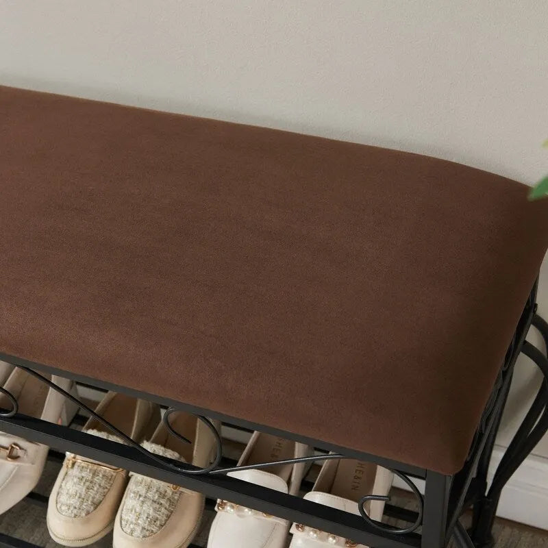 Banc à chaussures marron rembourré avec étagère de rangement – 1 personne, Taille moyenne