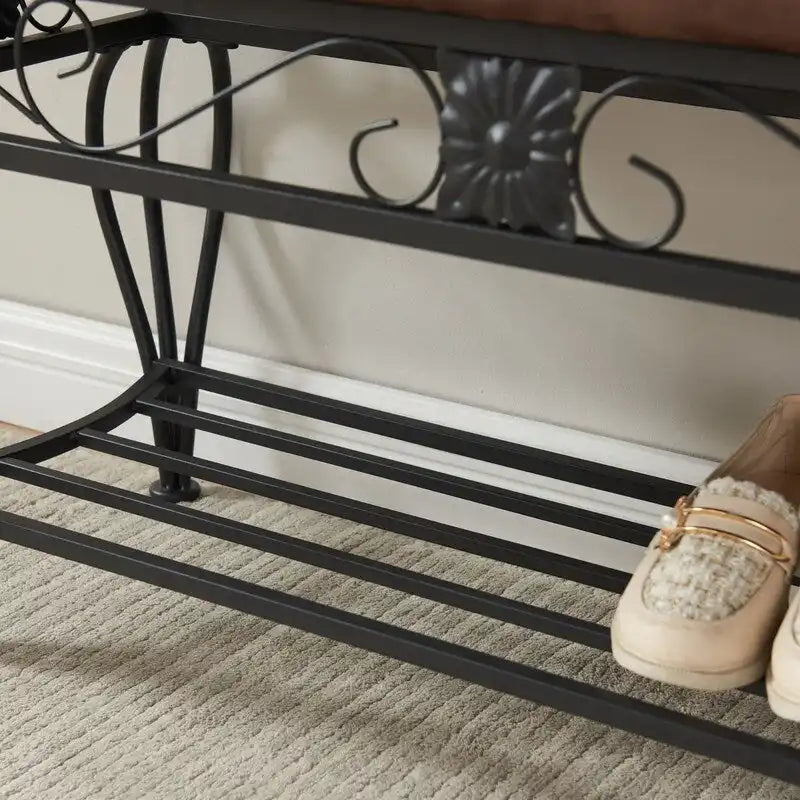 Banc à chaussures marron rembourré avec étagère de rangement – 1 personne, Taille moyenne