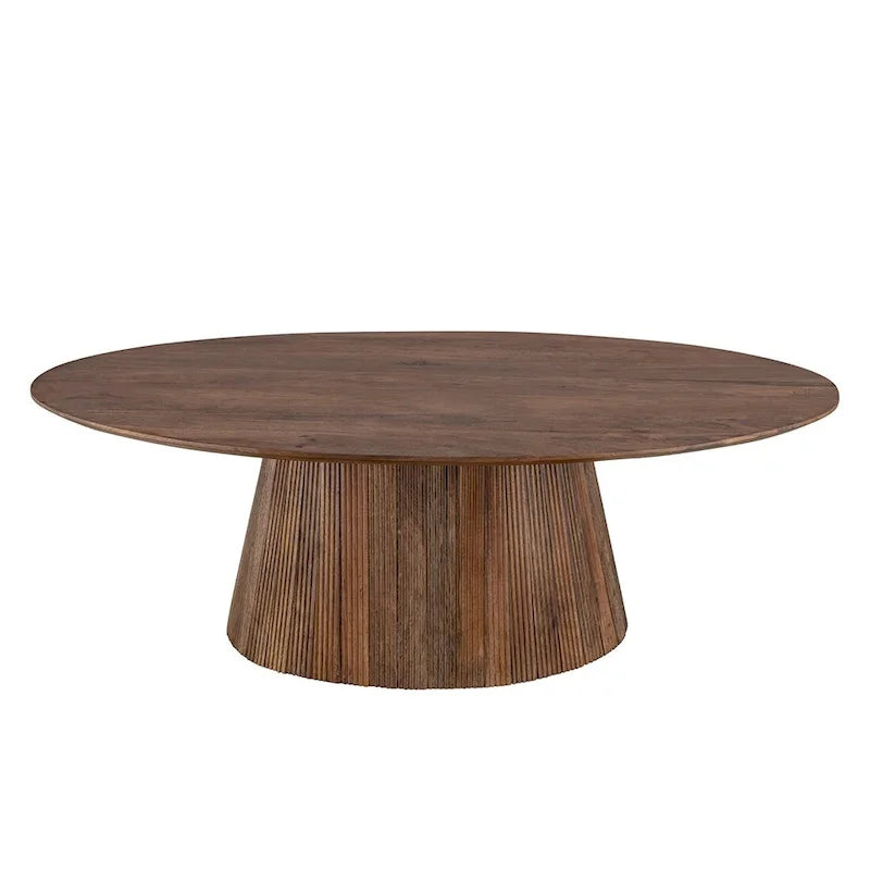 Table basse en bois brun avec base cannelée, plateau rond de 120 cm, 1 pièce
