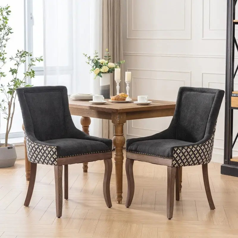 Chaise de salle à manger en tissu beige/noir, dossier haut, lot de 2