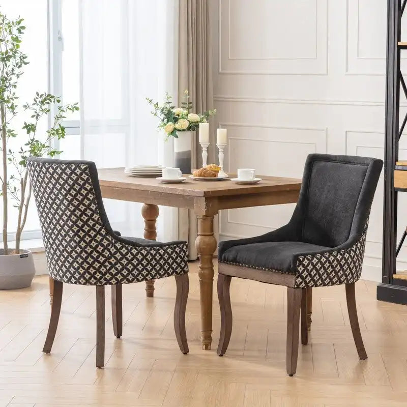 Chaise de salle à manger en tissu beige/noir, dossier haut, lot de 2