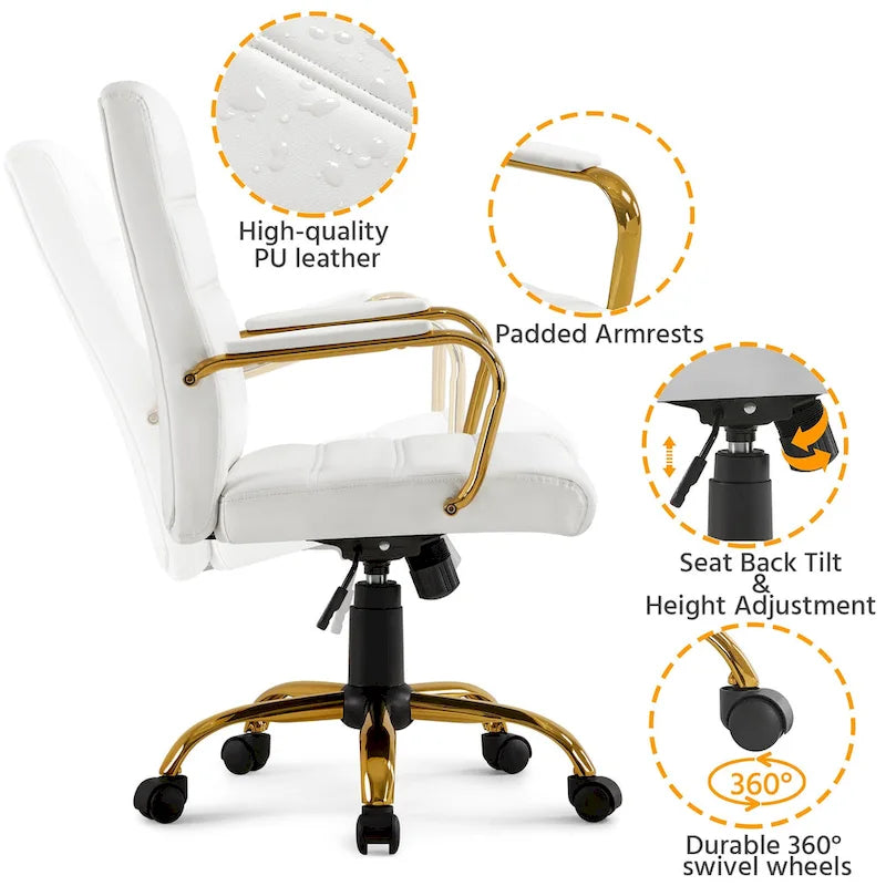 Fauteuil de bureau pivotant en similicuir, cadre doré, pour 1 personne