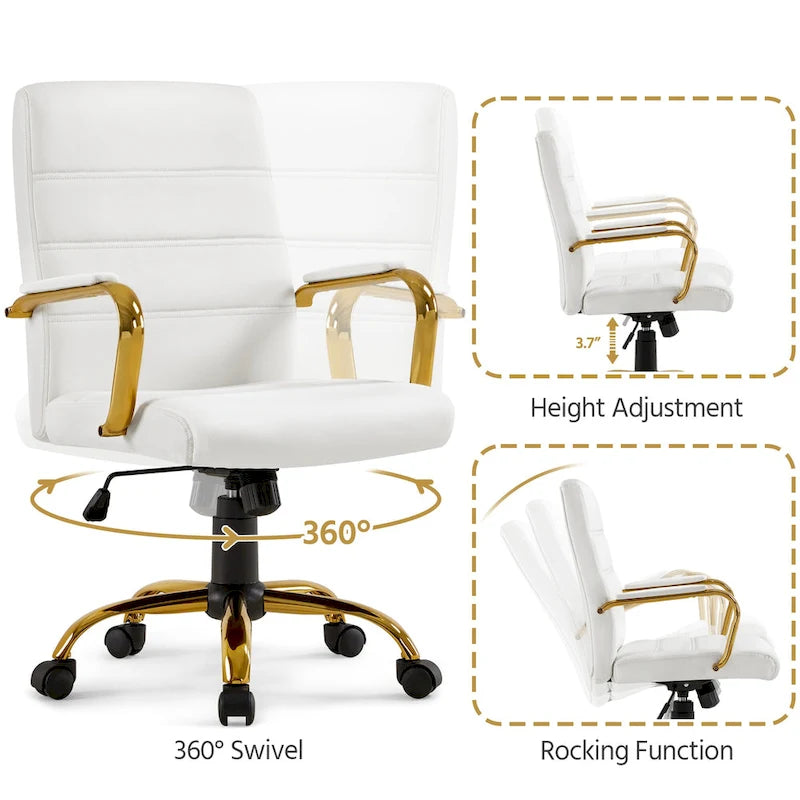 Fauteuil de bureau pivotant en similicuir, cadre doré, pour 1 personne