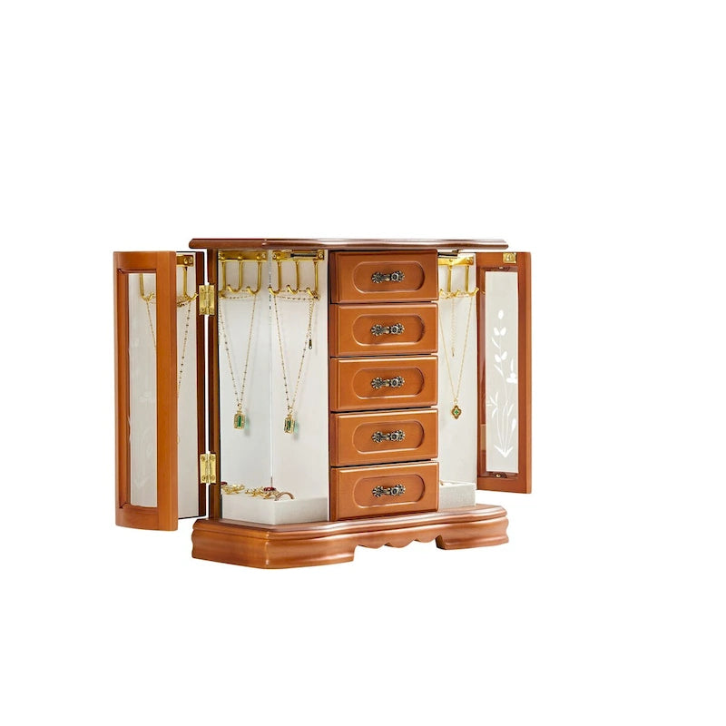 Boîte à bijoux en bois marron/blanc avec 5 tiroirs, miroir et crochets pour colliers