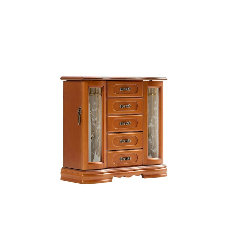Boîte à bijoux en bois marron/blanc avec 5 tiroirs, miroir et crochets pour colliers