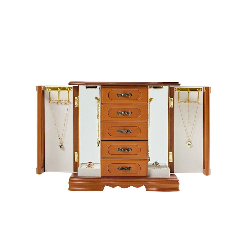 Boîte à bijoux en bois marron/blanc avec 5 tiroirs, miroir et crochets pour colliers