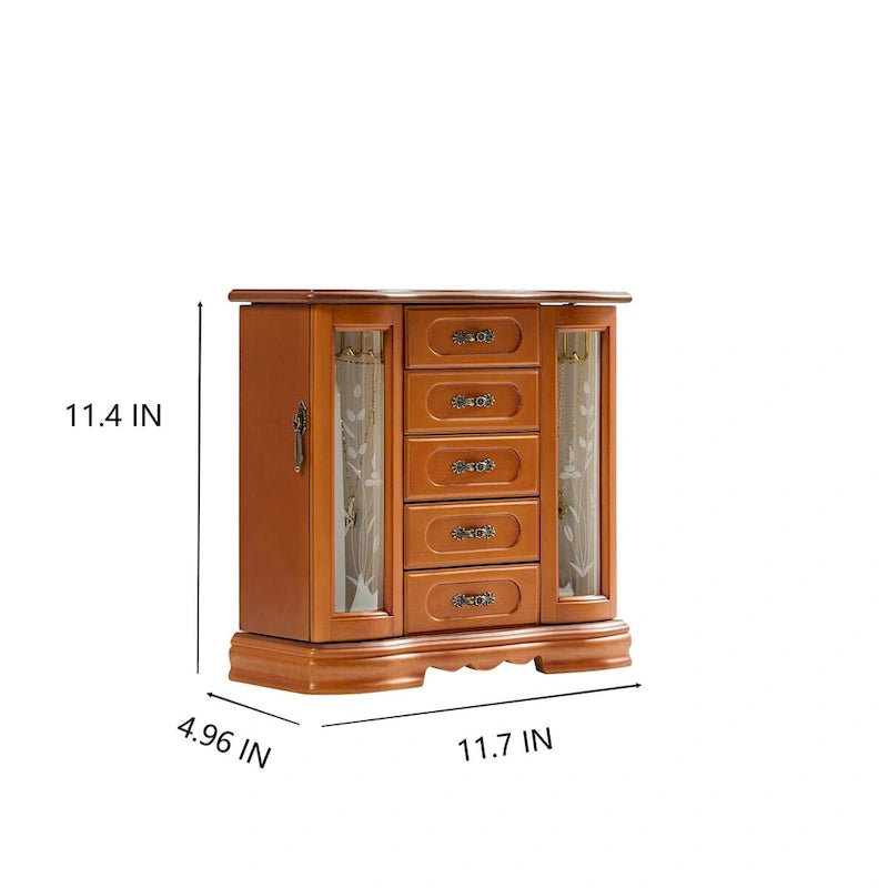 Boîte à bijoux en bois marron/blanc avec 5 tiroirs, miroir et crochets pour colliers