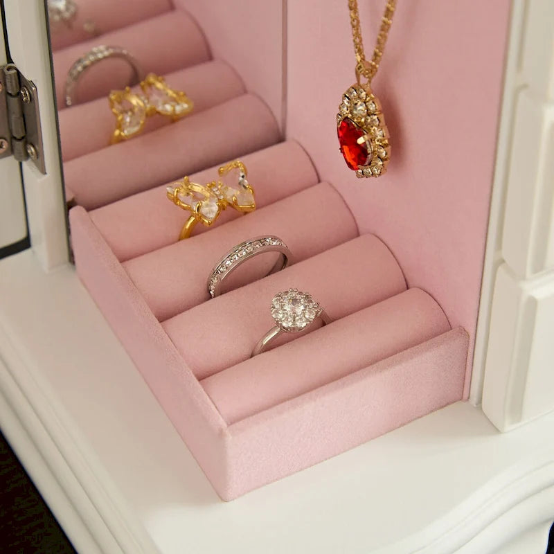 Boîte à bijoux en bois marron/blanc avec 5 tiroirs, miroir et crochets pour colliers