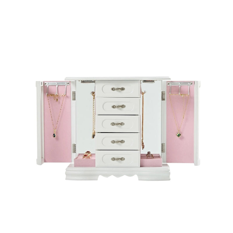 Boîte à bijoux en bois marron/blanc avec 5 tiroirs, miroir et crochets pour colliers