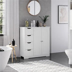Meuble de rangement blanc à 4 tiroirs avec placard, sur pied