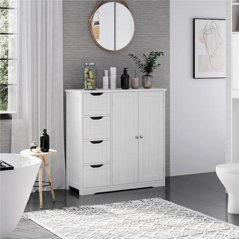 Meuble de rangement blanc à 4 tiroirs avec placard, sur pied