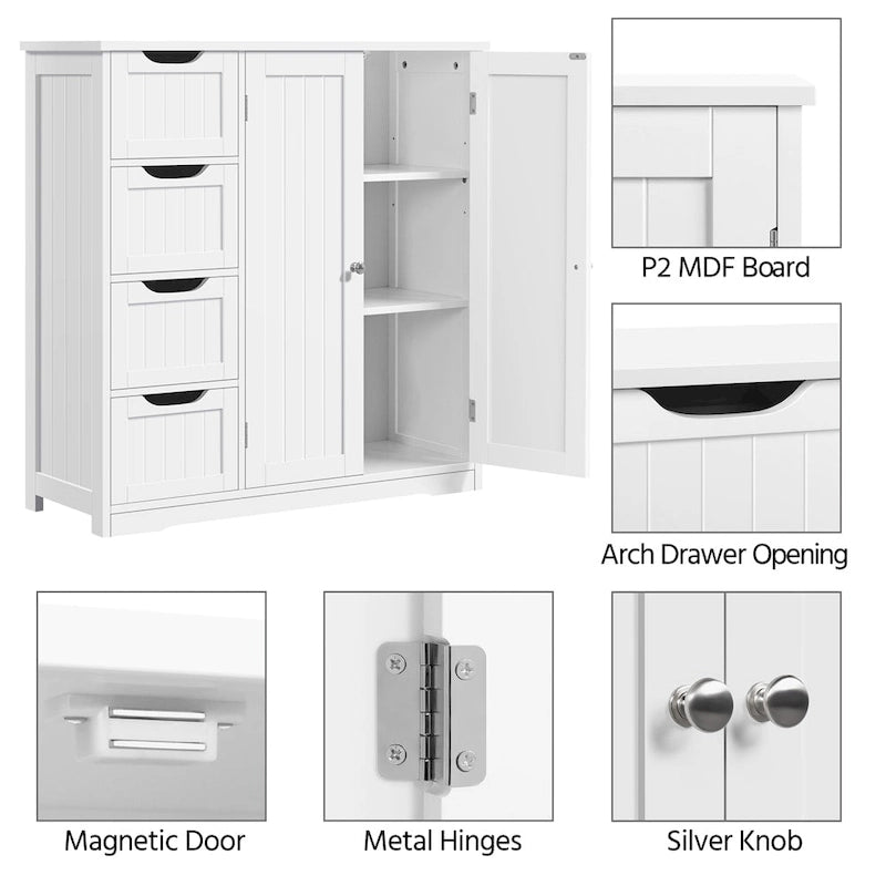 Meuble de rangement blanc à 4 tiroirs avec placard, sur pied