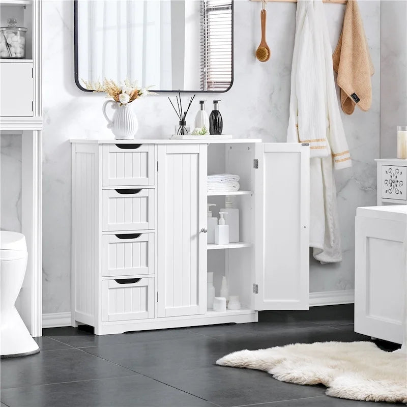 Meuble de rangement blanc à 4 tiroirs avec placard, sur pied