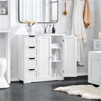 Meuble de rangement blanc à 4 tiroirs avec placard, sur pied