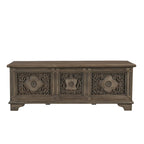 Banc de rangement sculpté en bois marron/gris avec couvercle relevable – 1 place