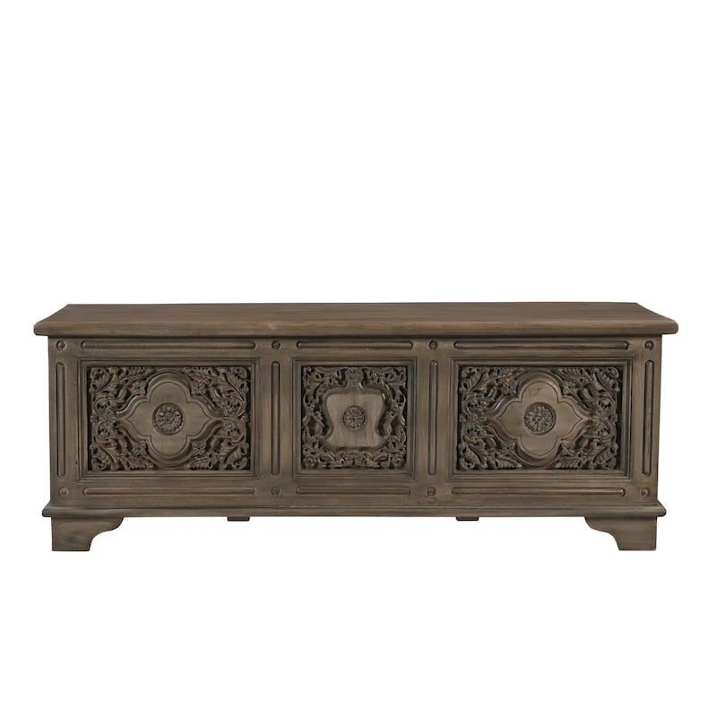 Banc de rangement sculpté en bois marron/gris avec couvercle relevable – 1 place