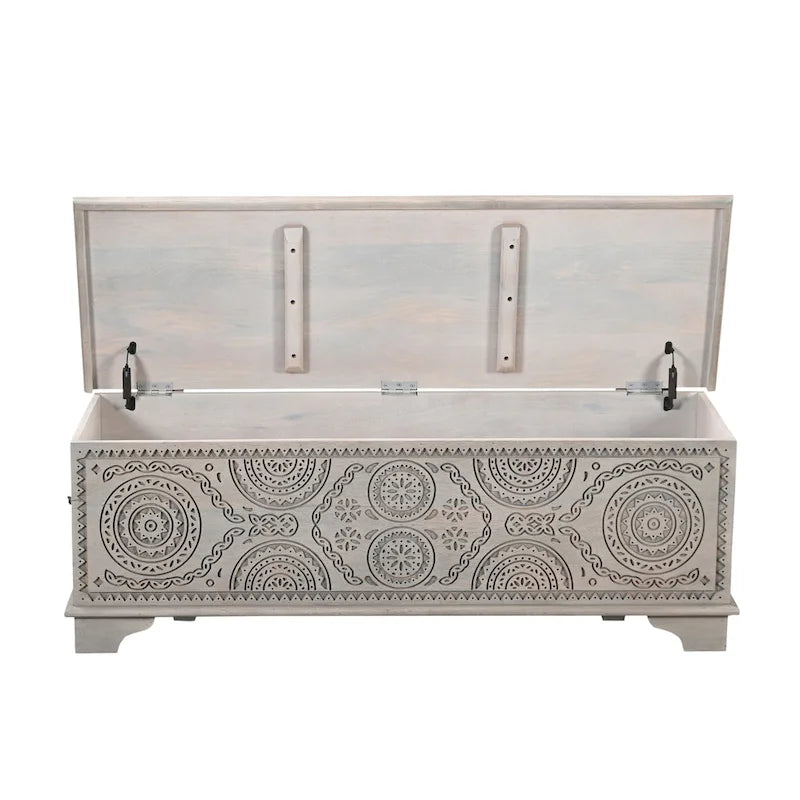 Banc de rangement sculpté en bois marron/gris avec couvercle relevable – 1 place