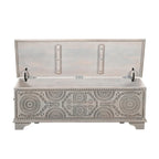 Banc de rangement sculpté en bois marron/gris avec couvercle relevable – 1 place