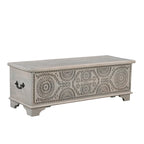 Banc de rangement sculpté en bois marron/gris avec couvercle relevable – 1 place