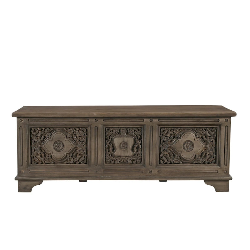Banc de rangement sculpté en bois marron/gris avec couvercle relevable – 1 place