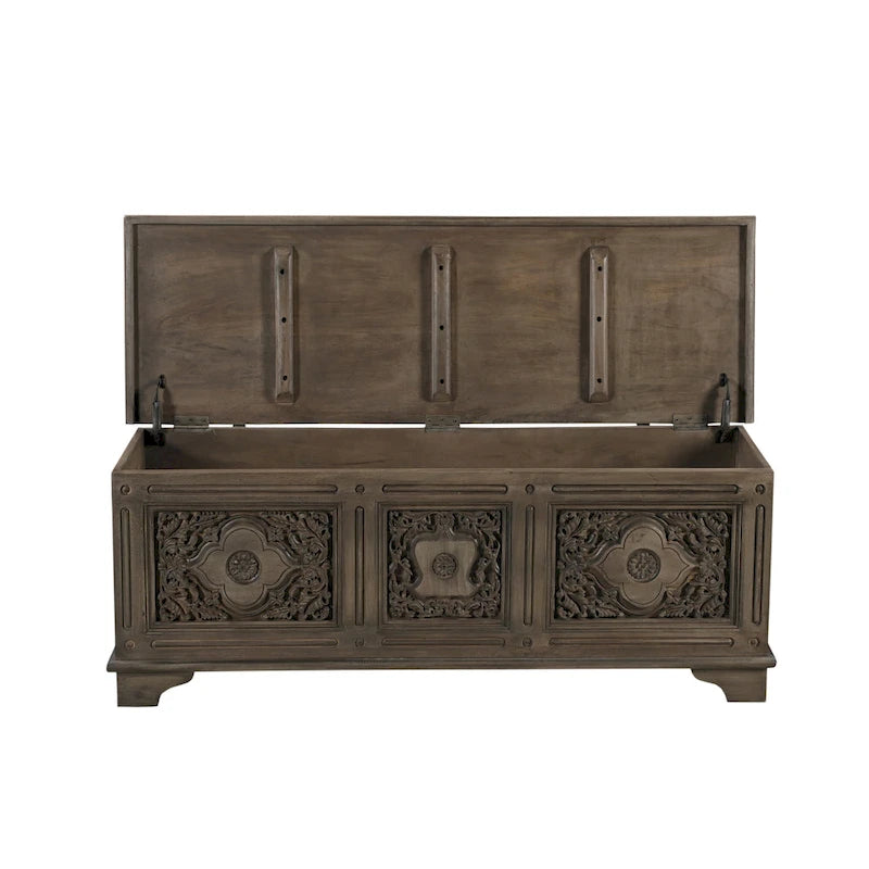 Banc de rangement sculpté en bois marron/gris avec couvercle relevable – 1 place
